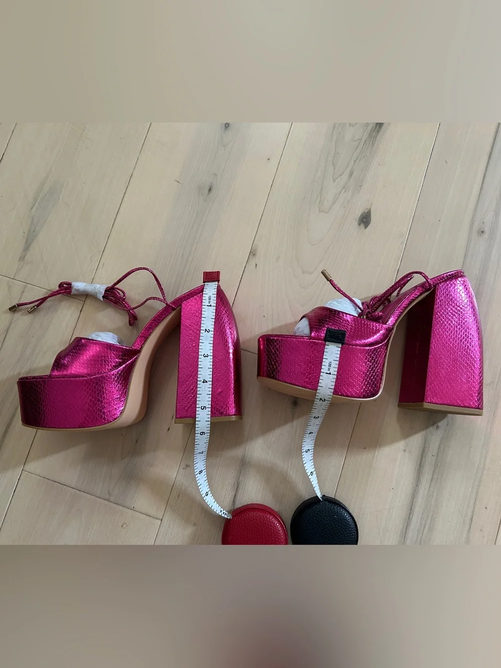 Metallic Pink Tie Ankle Chunky Platform Sandals Size 6